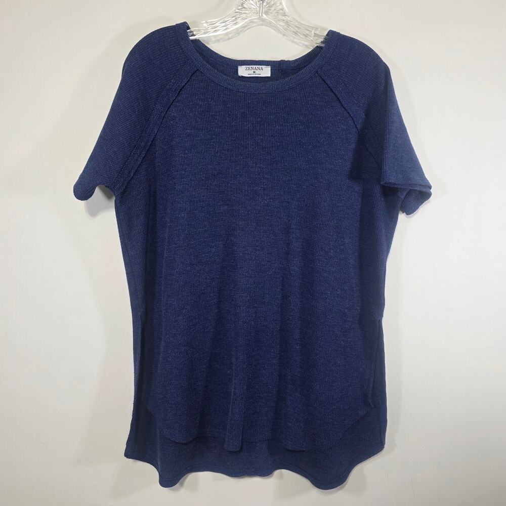 Zenana Womens Waffle Knit Blue Short Sleeve Side Slit Top Size Medium